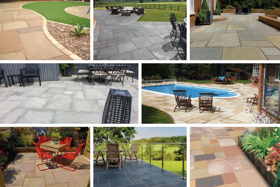 A variety of patios featuring AWBS natural stone paving slabs in various colours